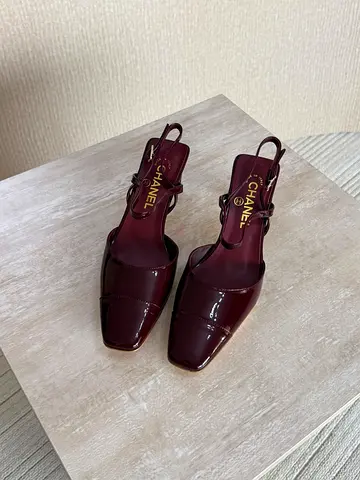 Authentic Chanel Burgundy Patent Leather Slingback Heels, Size (Please inquire)