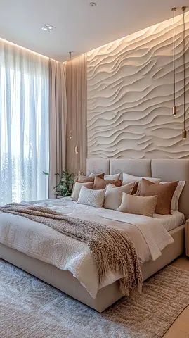 Modern king-size upholstered bed with textured feature headboard