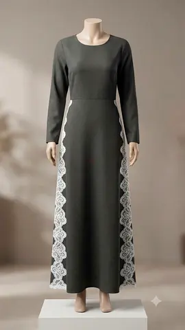 Dark Green Long Sleeve Maxi Dress with Side Lace Panels