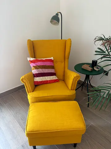 IKEA STRANDMON Wing Chair + Footstool – Skiftebo Yellow