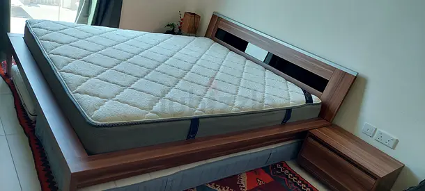 Full bedroom set including bed, mattress, 2 bedside tables and desk