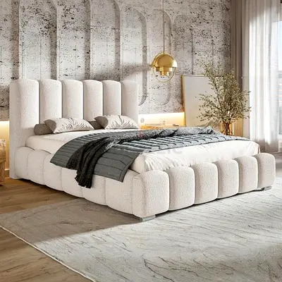 Modern upholstered king bed with padded headboard (cream boucle)