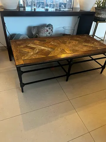 Pottery Barn solid wood coffee table with metal frame - rustic parquet top