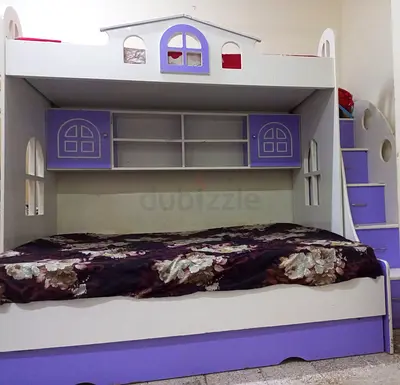 White & Lavender Wooden Bunk Bed with Shelves and Stairs - with matress ,Good Condition