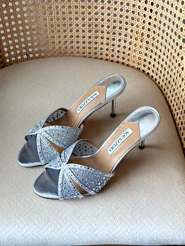 Silver beaded slip-on heeled mules, size not specified