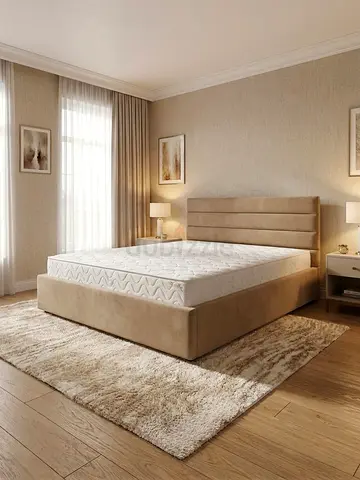 Beige upholstered  bed frame with headboard - excellent condition