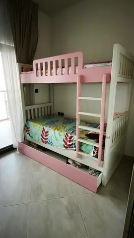 White & Pink Wooden Bunk Bed with Under-Drawer - Good Condition