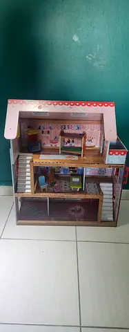 Wooden 3-Storey Dollhouse with Furniture - Good Condition