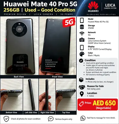 Huawei Mate 40 Pro 5G, 256GB for sale.