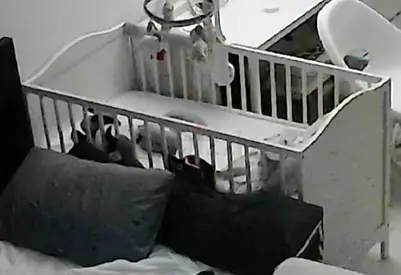 White wooden baby crib with mattress