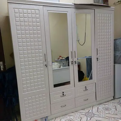 Beige 4-Door Wardrobe with Mirrors and Drawers - Good Condition