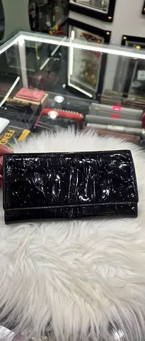 Black Patent Leather Long Wallet - Floral Embossed Design