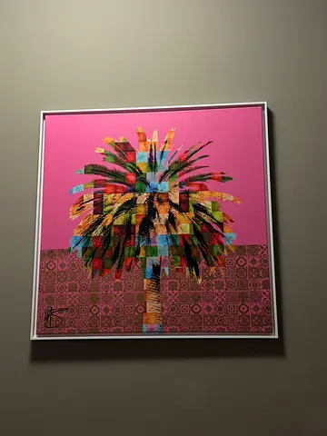 Framed Colorful Abstract Palm Tree Artwork on Pink Background