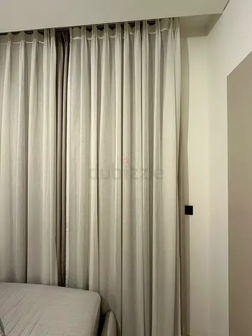 Beige floor-to-ceiling pleated curtains, pair (H=2.82m, W=2.2m)