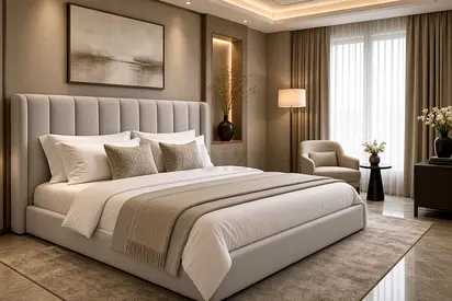 Modern upholstered king-size bed with padded headboard