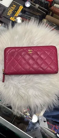 Maroon Quilted Long Zip Wallet with Gold Logo