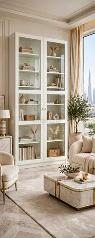 White Glass Door Display Cabinet / Bookcase - Tall Two-Door