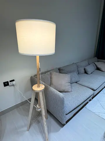Wooden Tripod Floor Lamp with Side Shelf - Neutral White Shade