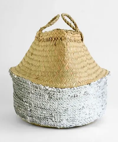 Handwoven Seagrass Basket with Silver Sequin Base - Medium