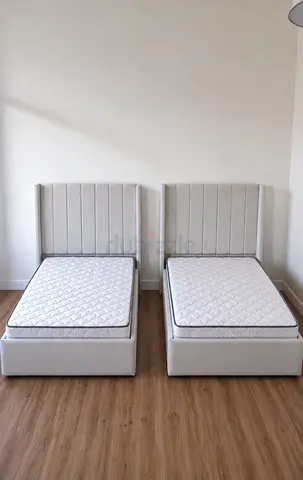 New Pair of Single Upholstered Beds with Headboards and Mattresses
