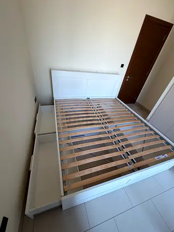 White Bed Frame with Storage Drawers and Slatted Base