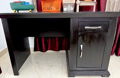 Dark wood office/study desk with drawer and cabinet