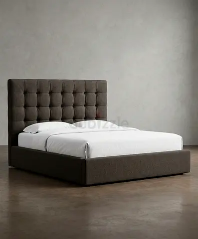 Queen tufted fabric bed frame with headboard - dark grey