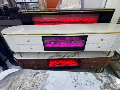 Modern marble-effect TV cabinet with built-in electric fireplace (white)