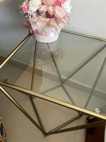 Glass Top Metal Side Table with Geometric Frame