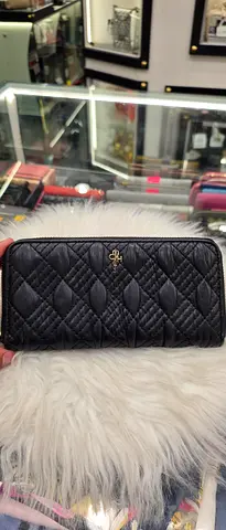 Black Quilted Long Wallet with Gold Logo - Good Condition
