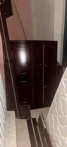 3 Dark wood double bed frames with headboard and panels - disassembled with two mattresses