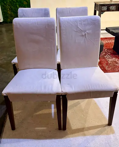 Set of 4 Dining Chairs with White Slipcovers and Wooden Legs