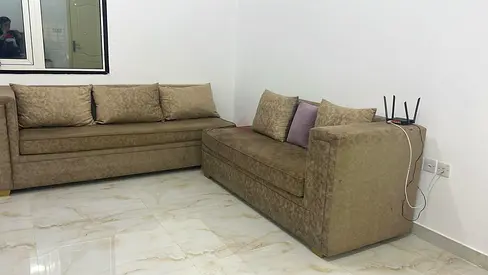 Used L-shaped fabric sofa set - 2 pieces, neutral beige, good condition