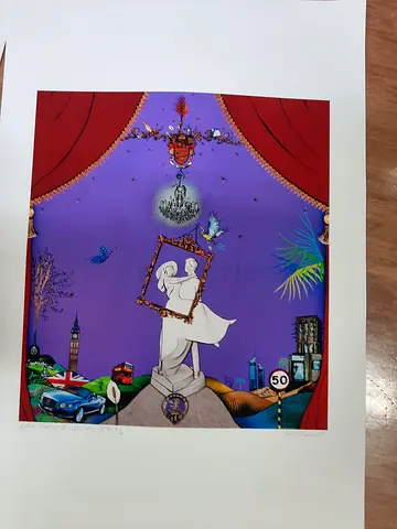 Colorful Surrealist Print on Paper — Framed Style Artwork