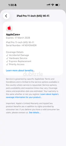AppleCare+ for iPad Pro 11-inch (M5) - Transferable, Active until Mar 2028 only Unit clean like new