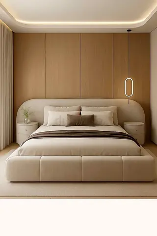 Luxury Beige Velvet King Size Bed with Curved Upholstered Headboard – Modern Design