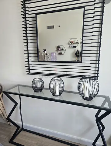 Pan Emirates contemporary modern black dresser table and mirror set glass top table console