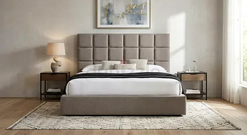 upholstered bed frame with padded headboard - light grey