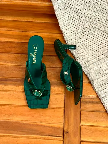 Green Chanel Quilted Leather Heeled Mules, Size Unknown