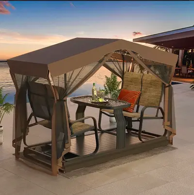 Outdoor 4 Seater Canopy Gazebo Bench with Table - Brown