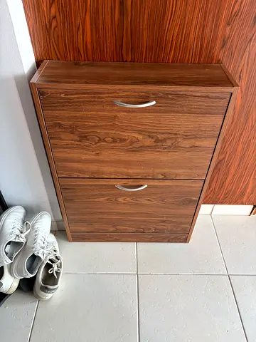 Wooden Wall-Mounted 2 Door Shoe Cabinet - Walnut Finish