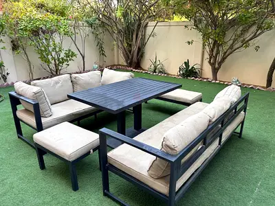 Outdoor garden seating set with cushions -  (sofa, benches, table) cushion with few stains
