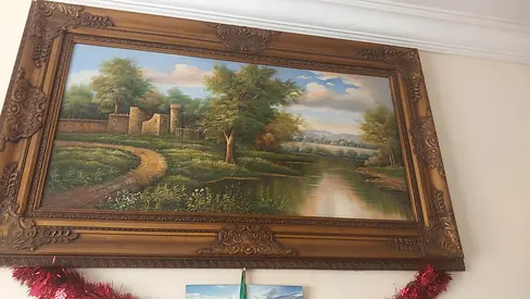 Framed Landscape Oil Painting with Ornate Wood Frame