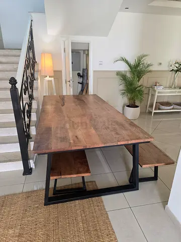 Solid Large Wood Dining Table with Metal Frame and Bench - Rustic Industrial. Fits 8 people.