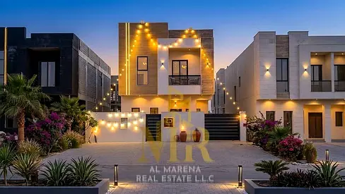 Modern villa in the heart of Al Helio, Ajman, on Sheikh Maktoum Street. Ground and first floors with master bedrooms. Land area 3014 sq ft, including