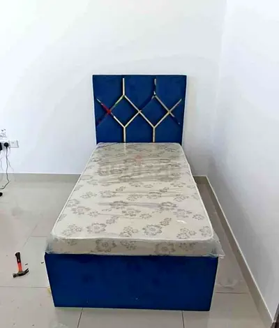 Single bed with mattress and upholstered headboard - blue
