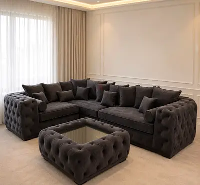 Modern Chesterfield L-Shape Sofa Set with Matching Ottoman