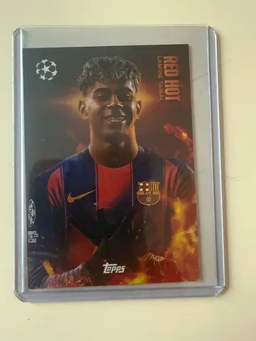 Lamine Yamal 'Red Hot' Topps UEFA trading card (protected sleeve)