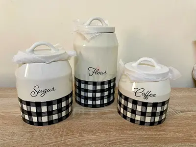 Set of 3 Ceramic Kitchen Canisters - Sugar, Flour, Coffee (Black & White)