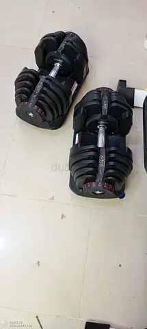Adjustable Bowflex-style Dumbbell Pair (Heavy Duty, Set of 2), bench, and crosstrainer